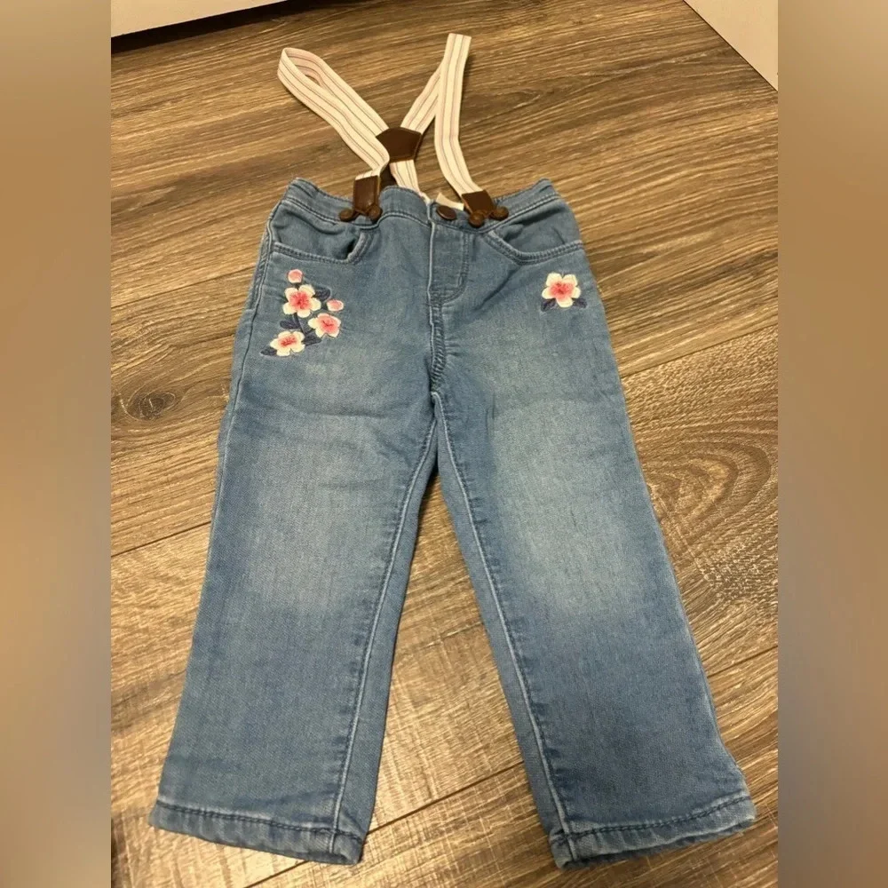 Oshkosh Baby Girl Skinny Floral Patch Jeans With Removable Suspenders Size 12m